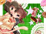  abe_nana animal_ears bad_id bad_pixiv_id bow brown_hair bunny_ears cat_ears cat_tail double_bun doughnut fang food green_eyes hair_bow heart idolmaster idolmaster_cinderella_girls long_sleeves maekawa_miku multiple_girls munakata_atsumi one_eye_closed open_mouth ponytail puffy_sleeves purple_eyes red_hair shiina_noriko short_hair short_sleeves star tail tears tongue usoneko v 