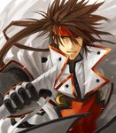  black_gloves brown_hair forehead_protector gloves guilty_gear headband long_hair male_focus noco order-sol ponytail popped_collar red_eyes reverse_grip sol_badguy solo spiked_hair sword uniform weapon 