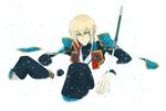  blazblue blonde_hair green_eyes jin_kisaragi male_focus military military_uniform noco partially_submerged snow solo sword uniform weapon yukianesa 