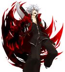  black_pants blazblue claws devoured_by_darkness hair_over_one_eye hakama heterochromia huge_weapon jacket japanese_clothes left-handed male_focus noco open_clothes open_jacket open_mouth pants ragna_the_bloodedge red_eyes red_jacket reverse_grip silver_hair solo sword weapon 