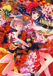  2girls absurdres black_hair fan floral_print flower geta highres japanese_clothes kasukabe_akira kimono multiple_girls open_mouth print_dress print_kimono silver_hair wink yukata 