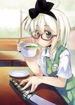  aqua_eyes bespectacled black_hairband blush bow breasts cup glasses green_tea hair_bow hairband hand_on_hilt katana konpaku_youmu looking_at_viewer nanaroku_(fortress76) pinky_out red-framed_eyewear saucer sheath sheathed shirt short_hair short_sleeves silver_hair skirt skirt_set small_breasts solo sword table tea teacup touhou vest weapon 