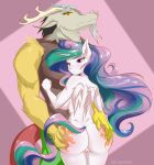  anthro azzaraeus breasts cutie_mark discord_(mlp) draconequus duo equine female friendship_is_magic hand_on_butt horn larger_male looking_at_viewer looking_back male male/female mammal my_little_pony princess_celestia_(mlp) pussy size_difference standing winged_unicorn wings 