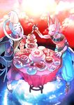  bad_id bad_pixiv_id beerus blue_skin bracelet cake dragon_ball dragon_ball_z dragon_ball_z_kami_to_kami food fork green_skin jewelry konbu_wakame male_focus multiple_boys purple_skin sitting table teapot tiered_tray whis 