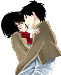  1girl black_hair blue_eyes blush eren_yeager jacket mikasa_ackerman ryuuki_(hydrangea) scarf shingeki_no_kyojin short_hair 