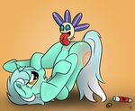  ambiguous_gender ass_up blush brown_eyes clitoris cunnilingus cutie_mark duo equine female feral friendship_is_magic fur green_fur hair hi_res horn interspecies licking lying lyra_heartstrings lyra_heartstrings_(mlp) mammal my_little_pony on_back open_mouth oral oral_sex parasprite parasprite_(mlp) pussy sex thexiiilightning tongue tongue_out two_tone_hair unicorn upside_down vaginal vial 