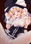  blonde_hair blush braid breasts censored cum cum_on_body cum_on_lower_body curiosities_of_lotus_asia doburoku_(daiginjou) fangs hat highres kirisame_marisa long_hair nipples no_panties open_clothes open_mouth open_shirt pussy shirt single_braid skirt small_breasts solo touhou wrist_cuffs yellow_eyes 