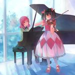  accompaniment black_hair bow bow_(instrument) bowtie closed_eyes dress hair_ribbon head_tilt highres instrument looking_at_another love_live! love_live!_school_idol_project mary_janes multiple_girls music nishikino_maki pantyhose piano piano_bench playing_instrument playing_piano purple_eyes red_hair ribbon shoes short_hair short_twintails sitting skirt smile twintails violin window yazawa_nico zhaitengjingcang 