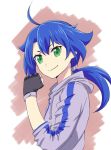  1boy ahoge black_gloves blue_hair brown_background closed_mouth commentary_request copyright_request fingerless_gloves from_side gloves green_eyes grey_hoodie ishii_hisao long_hair long_sleeves looking_at_viewer looking_to_the_side male_focus ponytail smile solo upper_body 