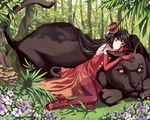  animal animal_ears black_hair black_panther cat_ears child dress elbow_gloves flower gloves hat leopard long_hair manle mini_hat mini_top_hat mushroom original panther red_dress solo tail thighhighs top_hat tree yellow_eyes 