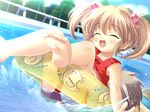  1girl barefoot brown_hair child closed_eyes dutch_angle feet hair_bobbles hair_ornament happy hikari_(musumaker) innertube musumaker non-web_source open_mouth short_hair smile solo_focus swimsuit tankini twintails 