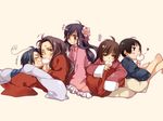  &gt;_&lt; /\/\/\ 1girl 4boys ahoge angry arm_support axis_powers_hetalia barefoot black_eyes black_hair blush brown_hair changpao china_(hetalia) chinese_clothes closed_eyes eating floral_print flower food hair_flower hair_ornament hanbok heart hong_kong_(hetalia) japan_(hetalia) japanese_clothes korea_(hetalia) korean_clothes leaning long_hair lying mouth_hold multiple_boys obi on_stomach one_eye_closed open_mouth plum_blossoms purple_hair red_eyes saiyki sash short_hair sweat taiwan_(hetalia) tears wide_sleeves 