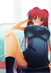  arm_up black_legwear blush breasts brown_eyes half-closed_eye kneehighs kousaka_tamaki large_breasts leg_up long_hair looking_at_viewer one-piece_swimsuit raised_eyebrow red_hair school_swimsuit shadoued socks solo swimsuit to_heart_2 