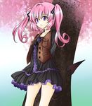 colorized dress highres long_hair nana_asta_deviluke pink_hair purple_eyes ribbon solo tail to_love-ru tree twintails yabuki_kentarou 
