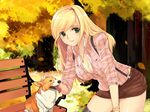  autumn blonde_hair bracelet breasts cleavage copyright_request dog green_eyes jewelry large_breasts leaf leaning_forward long_hair mirk necklace shirt sleeves_rolled_up solo suspenders thighhighs tree welsh_corgi wind zettai_ryouiki 