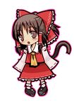  animal_ears bow brown_hair cat_ears cat_tail chibi fang hair_bow hakurei_reimu kemonomimi_mode mary_janes ribbon shoes solo tail tateyama touhou 