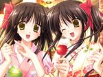  artist_request aster_(game) black_hair candy_apple food game_cg japanese_clothes kimono multiple_girls one_eye_closed open_mouth siblings twins yellow_eyes yukata yuzuki_saki yuzuki_saya 