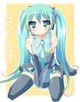  amakara_surume aqua_eyes aqua_hair bad_id bad_pixiv_id black_legwear blush detached_sleeves hatsune_miku headset long_hair necktie sitting skirt solo tattoo thighhighs twintails very_long_hair vocaloid zettai_ryouiki 