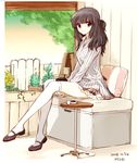  bad_id bad_pixiv_id black_hair chair coffee copyright_request desk fence flower leaf legs long_hair mirk plant shirt shoes skirt sky solo striped striped_shirt thighhighs tree white_legwear zettai_ryouiki 