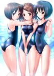  amagami ass bad_id bad_pixiv_id blue_hair brown_eyes brown_hair competition_swimsuit highres multiple_girls nakata_sae nanasaki_ai one-piece_swimsuit short_hair smile standing suzume_inui swimsuit tachibana_miya water wet 