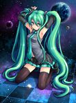  absurdres armpits checkered checkered_floor colorized detached_sleeves ginta green_eyes green_hair green_nails hatsune_miku headset highres kneeling long_hair long_legs moon nail_polish navel necktie perspective planet skirt solo star thighhighs tidsean twintails very_long_hair vocaloid zettai_ryouiki 