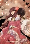  1girl axis_powers_hetalia bird black_hair brown_hair changpao chinese_clothes comforting crow dress flower highres hug hug_from_behind japan_(hetalia) long_hair military military_uniform petals plum_blossoms saiyki sleeves_past_wrists taiwan_(hetalia) tears uniform 