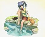  barefoot blue_eyes blue_hair cat feet fukukitaru hair_bobbles hair_ornament loafers original school_uniform shoes shoes_removed sitting skirt soaking_feet socks socks_removed solo sweater_vest twintails water 