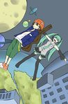  1girl absurdres beanie brown_hair green_hair guitar guitar_case happy hat hatsune_miku headset highres instrument instrument_case jacket long_hair moon necktie shoes skirt sneakers space stargazer_(vocaloid) thighhighs track_jacket twintails vocaloid yukimura_(printf) 