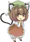  animal_ears bad_id bad_pixiv_id brown_eyes brown_hair cat_ears cat_tail chen chibi hat heart heart_tail leaning_forward multiple_tails short_hair solo standing tail touhou urin 