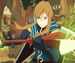  brown_hair glasses gloves jade_curtiss long_hair male_focus polearm red_eyes sentarou_(1000bon) smile solo spear tales_of_(series) tales_of_the_abyss weapon 