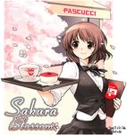  bow bowtie brown_eyes brown_hair cherry_blossoms copyright_request food mirk petals pudding restaurant short_hair solo tree waitress wind 