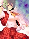  ascot breasts closed_umbrella green_hair impossible_clothes impossible_shirt kazami_yuuka kurohara_yuu large_breasts light_smile outstretched_arms plaid plaid_skirt plaid_vest red_eyes shirt short_hair skirt skirt_set solo spread_arms touhou umbrella vest 