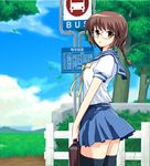  bow bowtie braid brown_eyes brown_hair bus_stop cloud copyright_request day fence glasses grass korean mirk pleated_skirt school_uniform skirt sky solo thighhighs tree twintails wind zettai_ryouiki 
