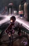  brown_hair cityscape highres legs lin+ looking_back neon_lights night original skirt socks touhou 