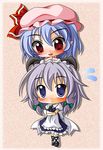  bad_id bad_pixiv_id bat_wings blue_eyes blue_hair blush braid chibi hair_ribbon hairband hat izayoi_sakuya multiple_girls red_eyes remilia_scarlet ribbon shinjitsu short_hair silver_hair touhou twin_braids wings 