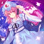  bad_id bad_pixiv_id bug butterfly fan goshoguruma hat insect nonaka pink_hair red_eyes saigyouji_yuyuko saigyouji_yuyuko's_fan_design shippou_(pattern) short_hair solo touhou 