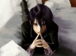  artist_request black_hair copyright_request cuffs lying male_focus pillow purple_eyes realistic solo 