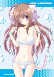  animal_ears ayato_mimi bell bikini blush bracelet breasts brown_hair cat_ears cat_tail cleavage copyright_request english frilled_bikini frills groin jewelry jingle_bell large_breasts long_hair navel one_eye_closed paw_print purple_eyes solo swimsuit tail thigh_gap undressing 