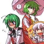  ? androgynous antennae ascot blue_eyes blush fujiwara_no_mokou green_hair imagining kazami_yuuka lowres multiple_girls red_eyes reverse_trap rex_k short_hair simple_background skirt skirt_set touhou umbrella vest white_background wriggle_nightbug 