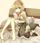  alice_margatroid bad_id bad_pixiv_id barefoot bed blonde_hair character_doll doll feet frilled_pillow frills green_eyes hairband hat kirisame_marisa pillow solo touhou tsukioka_tsukiho witch_hat 