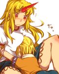  :/ bad_id bad_pixiv_id blonde_hair breasts horn hoshiguma_yuugi hug large_breasts long_hair looking_at_another lowres mizuhashi_parsee multiple_girls red_eyes short_hair sitting st05254 touhou 