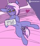  &lt;3 2018 balls berry_frost blush digital_media_(artwork) earth_pony english_text equine fan_character feral hi_res horse looking_at_viewer lying male mammal my_little_pony penis pillow pony solo text tongue whisperfoot 