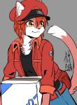  2018 absurd_res alternate_species anthro box cat cells_at_work! clothed clothing feline female fur furrification hair hat hi_res mammal noriya_kamikawa red_blood_cell red_fur red_hair signature smile solo 