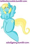  2013 amber_eyes anthro anthrofied big_breasts blonde_hair blue_fur breasts cutie_mark english_text equine female friendship_is_magic fur hair mammal my_little_pony nipples pegasus plain_background sassaflash sassaflash_(mlp) solo tehbuttercookie text white_background wings 
