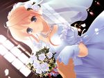  bangs blonde_hair blue_eyes bouquet braid bridal_veil bride candle dress dutch_angle flower game_cg gloves hair_flower hair_ornament indoors jewelry konata_yori_kanata_made necklace out_of_frame pearl_necklace petals pov pov_hands puffy_short_sleeves puffy_sleeves rose see-through shaa short_sleeves sidelocks smile solo_focus veil wedding wedding_dress white_dress white_flower white_gloves white_rose window 