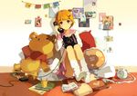  bad_id bad_pixiv_id blonde_hair book clock copyright_request corded_phone hair_ornament hairclip phone pillow red_eyes school_uniform short_hair sitting socks solo stuffed_animal stuffed_toy teddy_bear tiru 