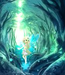  bad_id bad_pixiv_id barefoot blonde_hair child copyright_request dress fairy flower flying forest green_eyes hair_flower hair_ornament light_particles long_hair nature outdoors roots shiramori_yuse solo sunlight tree water wings 