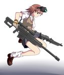  anti-materiel_rifle barrett barrett_m82 brown_eyes brown_hair dual_wielding fingerless_gloves gloves gun head_mounted_display holding loose_socks m107 machine_gun mg42 misaka_imouto nishikawa_hiroyuki rifle school_uniform short_hair skirt sniper_rifle socks solo to_aru_majutsu_no_index weapon 