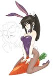  1girl animal_ears bad_id bad_pixiv_id black_hair breasts bunny_ears bunny_girl bunnysuit carrot cleavage facial_hair hairband large_breasts legs leotard long_hair masa_(seto_no_hanayome) mustache pantyhose ponytail purple_footwear purple_hairband purple_leotard seto_no_hanayome shimotsuki_eight shiranui_akeno shoes sidelocks sparkle straddling wrist_cuffs 