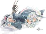  8981 bad_id bad_pixiv_id black_wings doll_joints dress flower frills gothic_lolita hairband lolita_fashion long_hair lying on_side red_eyes ribbon rose rozen_maiden silver_hair solo suigintou wings 